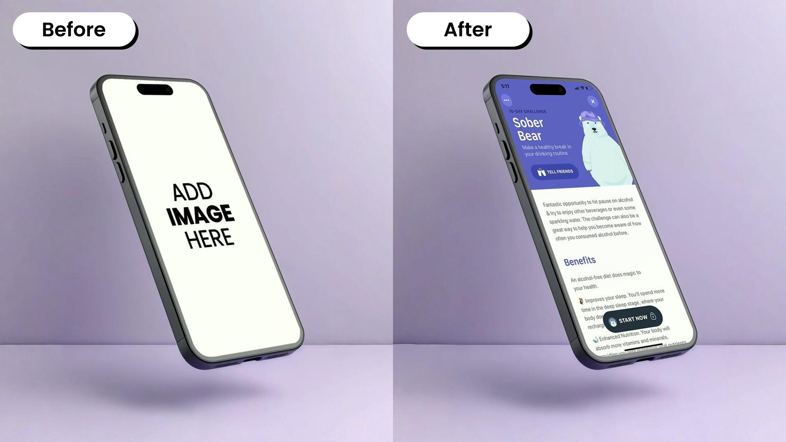 Before and after floating phone mockup with a light lavender background